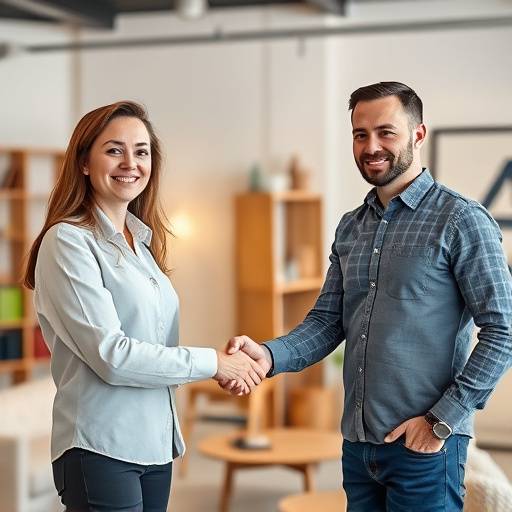 A customer smiling and shaking hands with a furniture designer, representing excellent customer service.