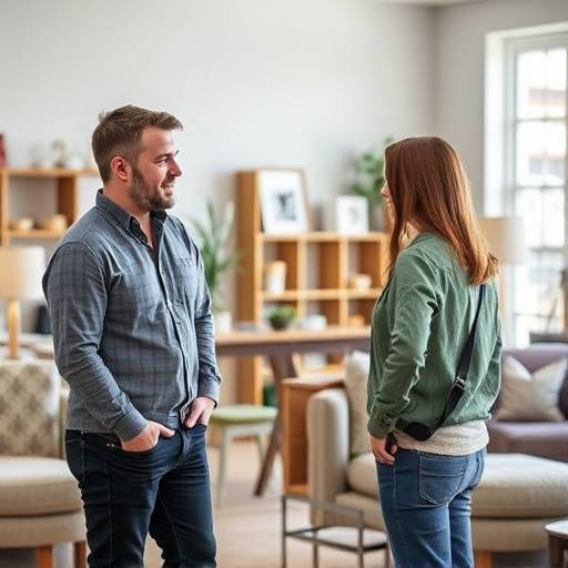 A customer speaking with an Artisan Haven designer, discussing custom furniture options.