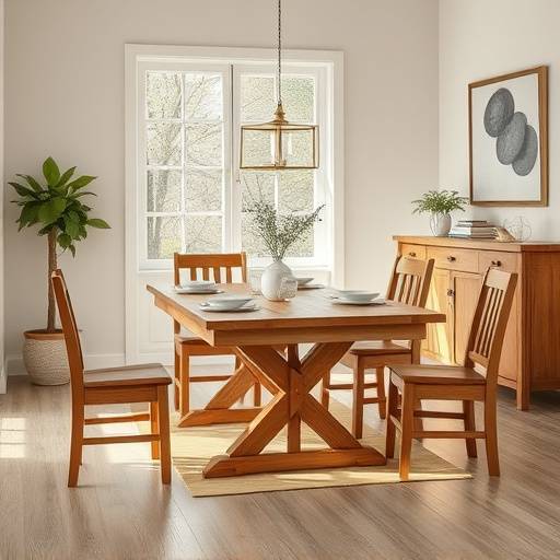 A handcrafted oak dining table with a smooth, natural finish and four matching chairs.