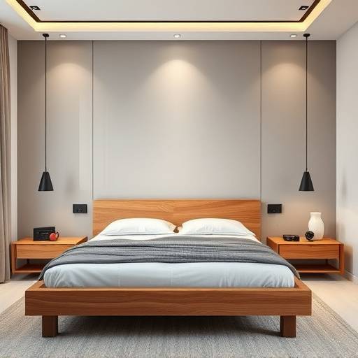 A sleek and modern wooden bed frame with a minimalist design.