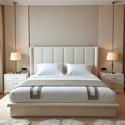 King-size bed with a padded headboard upholstered in white linen and featuring built-in side tables.
