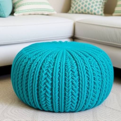 Round, knitted pouf in a vibrant teal color, perfect for adding a pop of color to any room.